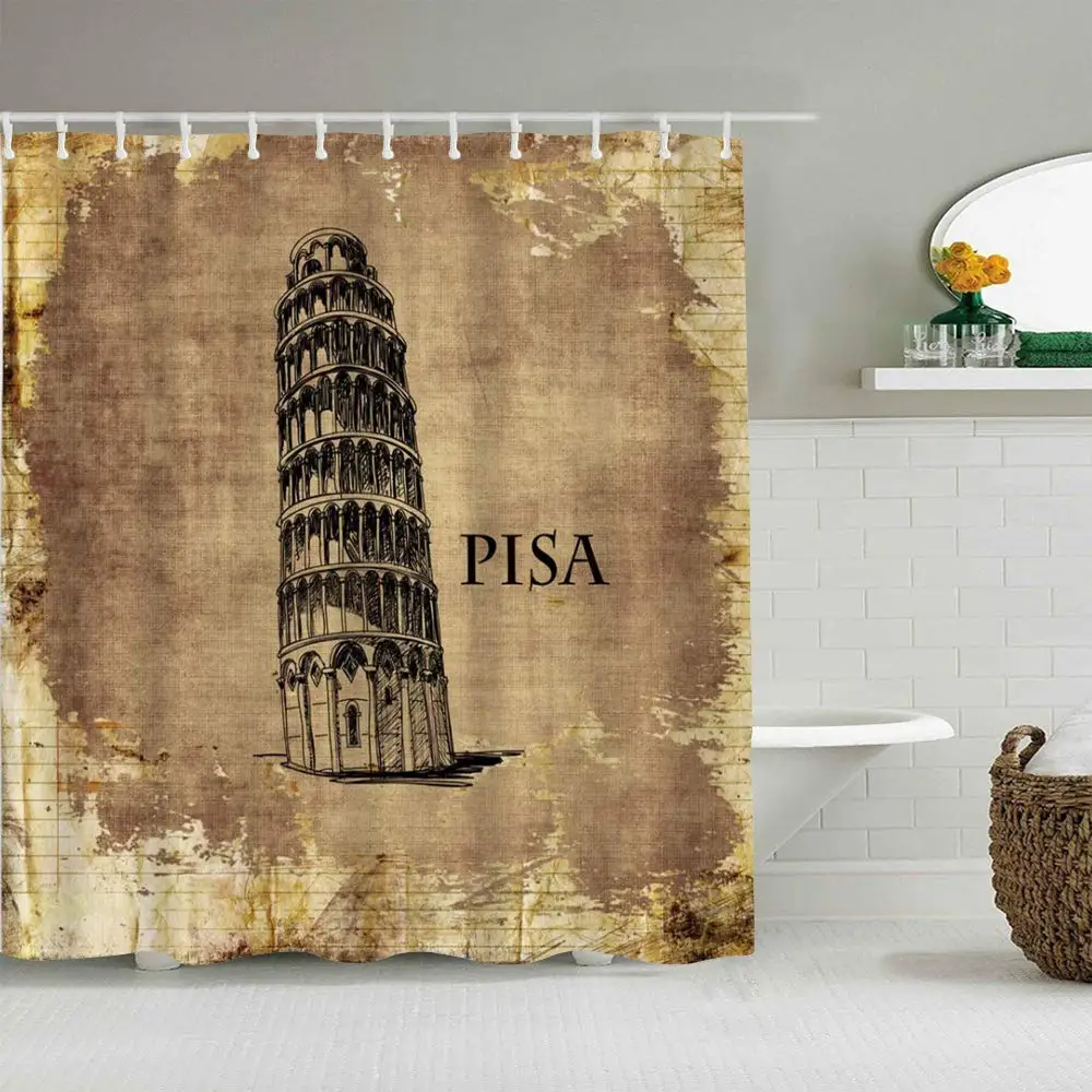 

Shower Curtain Pisa Leaning Tower Nostalgic Landmark Building Vintage Decorative Urban Style Waterproof Bath Liners Hooks