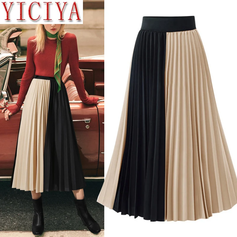 Женские юбки, уличная мода, контрастный цвет, Лоскутная плиссированная юбка, эластичная высокая талия, трапециевидная юбка средней длины, женская одежда