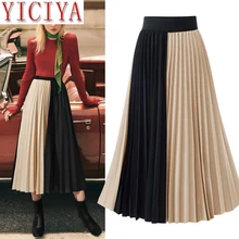 Женские юбки, уличная мода, контрастный цвет, Лоскутная плиссированная юбка, эластичная высокая талия, трапециевидная юбка средней длины, женская одежда