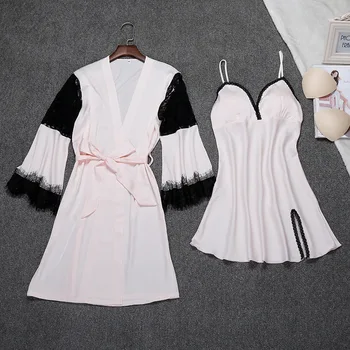 

Autumn Sexy Nighty&Robe Set Women Lace V-Neck Backless Spaghetti Strap Nightdress Contrast Color Rayon Kimono Bath Robe Gown