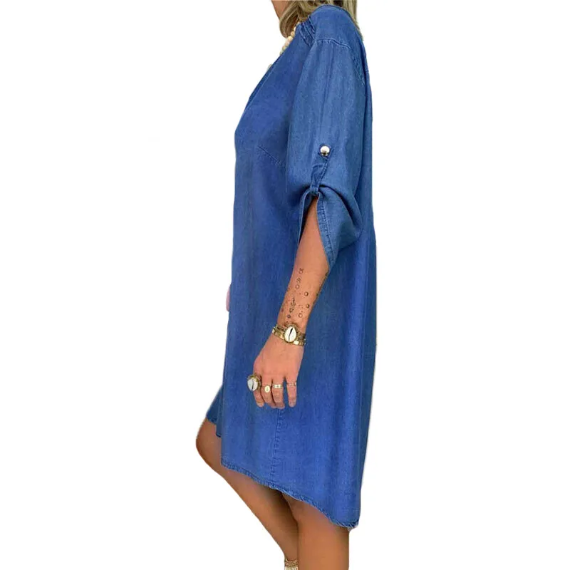 Модное летнее осеннее джинсовое синее мини-платье, модное Повседневное платье с глубоким v-образным вырезом на пуговицах, необычное платье, женская пляжная праздничная одежда, Новинка