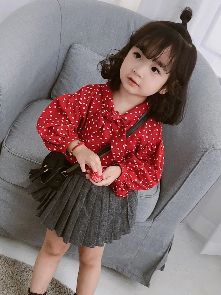 

2019 Autumn Kids' Shirts Korean-style Girls Dotted Long-sleeved Shirt Lantern Sleeve Princess Western Style CHILDREN'S Shirt