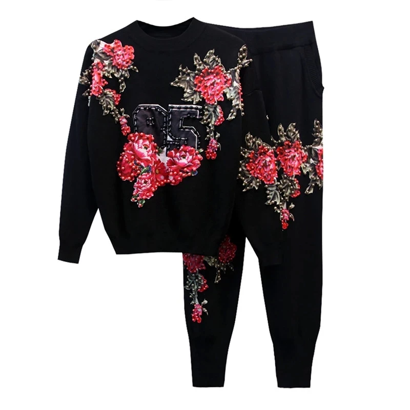 2022-autumn-two-piece-set-women-beaded-flowers-long-sleeve-knitting-sweater-little-feet-pants-suit-ladies-fashion