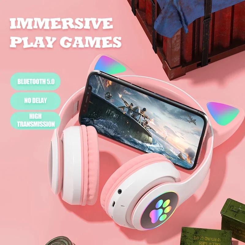 Flash Light Cat Ear Headphone For Girl Friend Kids Women Lady Gaming Headset Wireless Bluetooth 5 0 Headphones Suppose 3 5mm MIC