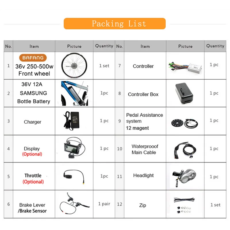Free shipping 8fun motor wheel 36v 250w/350w/500w bafang wheel motor electric e bike conversion Kit samsung battery ebike kit