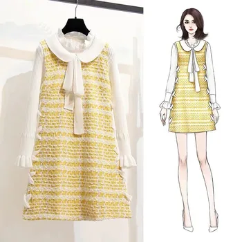 

2019 Autumn Winter Sweet Yellow Plaid Tweed Dress Girls Peter Pan Collar Bowknot Lace-up Sleeveless Vest Dress and Sweater Top