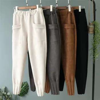 

2019 Autumn Winter Pants Women Casual Streetwear Ankle-Length Slim Pants Solid Elastic Waist Suede Trousers Casual Harem Pants