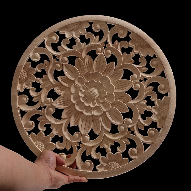 Round Flower Natural Wood Appliques Furniture Wooden Mouldings Vintage Unpainted Accessories Decoration Decal