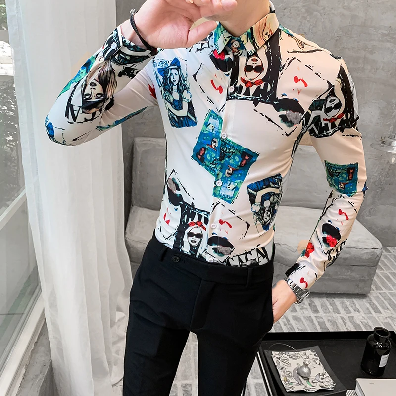 Рубашка для мужчин осень мужские рубашки с длинным рукавом Camisa Повседневное Slim Fit рубашки для мальчиков с принтом с героями из мультфильма уличная мода, вечеринки гавайская рубашка