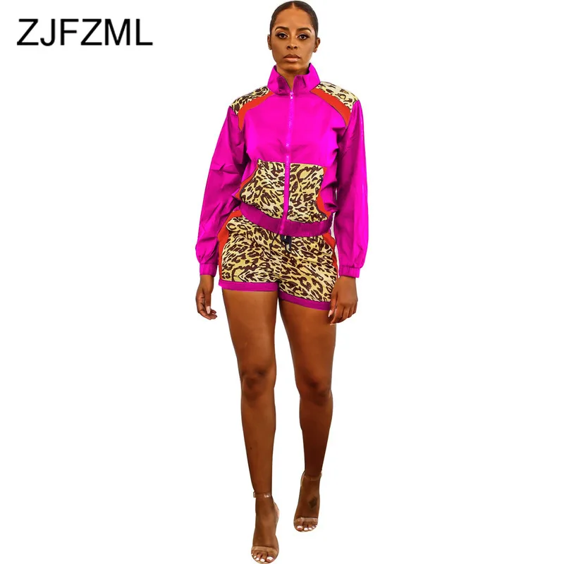 

Leopard Contrast Color Two Piece Set Tracksuit Women Turtleneck Long Sleeve Jacket+ Bodycon Shorts Casual Sporty 2 Piece Outfits