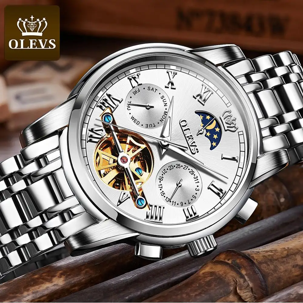 OLEVS Top Brand Men Watch Automatic mechanical watch Dress Luxury moon light phaseTourbillon Wristwatch Gifts for Male