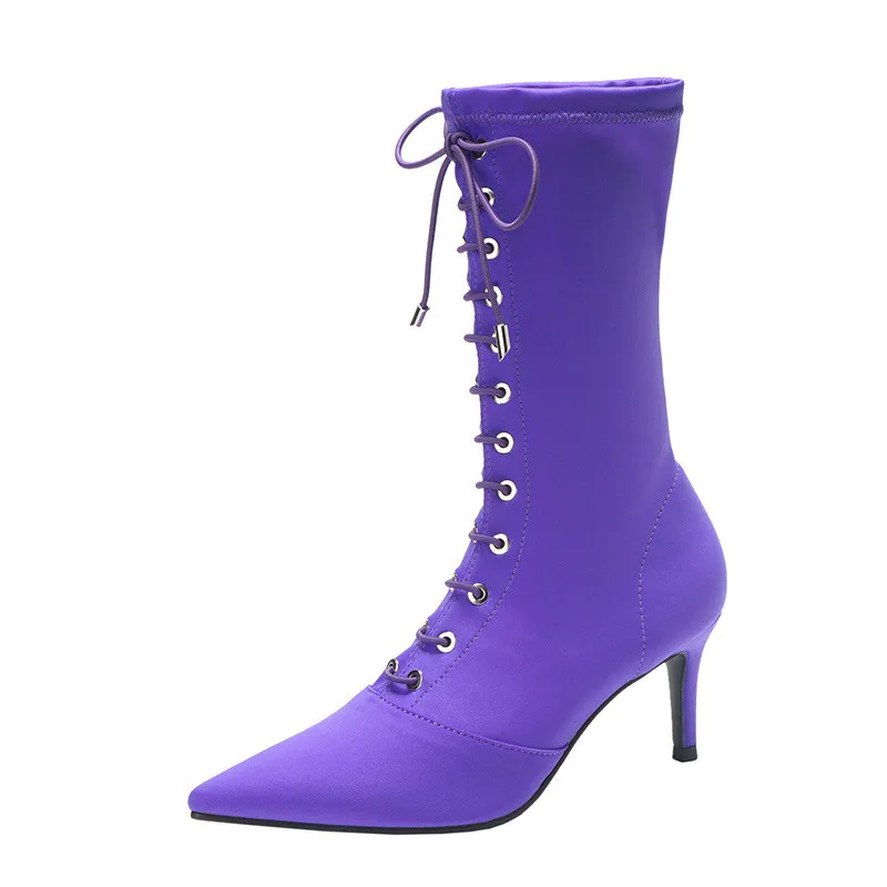Г., женские эластичные ботинки для подиума на осень и зиму модные шнурки на высоком каблуке, ботинки Элегантные ботильоны на тонком каблуке