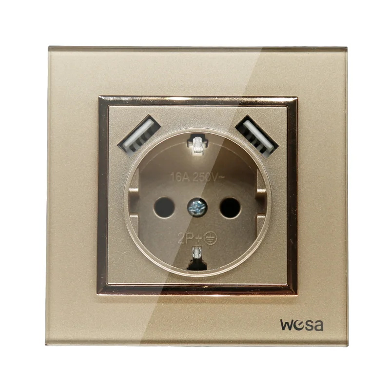 Дизайн двойной USB декоративная настенная розетка 5V 2A Золотая рамка с закаленным стеклом FB-19