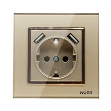 Дизайн двойной USB декоративная настенная розетка 5V 2A Золотая рамка с закаленным стеклом FB-19