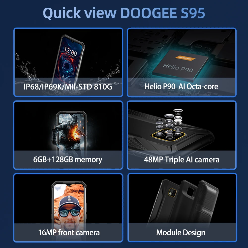 DOOGEE S95 6GB 128GB shockproof Modular Mobile Phone 6.3" Display Octa Core 48MP Triple Camera Android 9.0 Rugged Smartphone