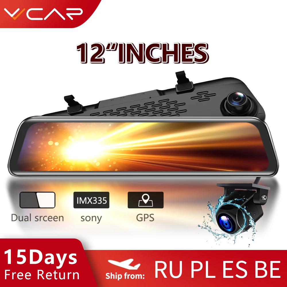 TRENDING! VVCAR-V17 Car Dvr Camera GPS 12-inch RearView Mirror FHD Dual 1080P Lens Driving Video Recorder Dash Cam
