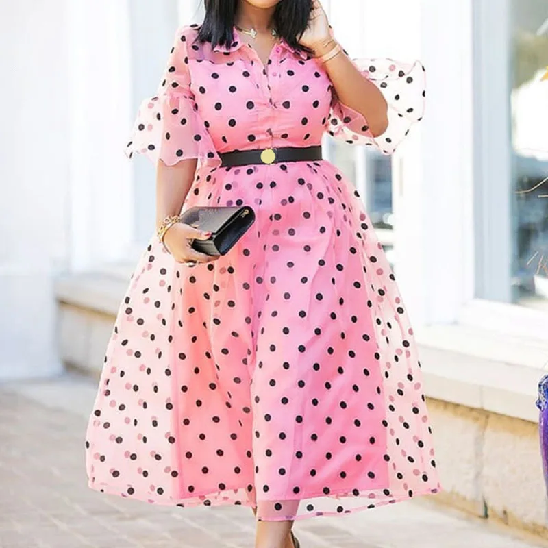 

Women Pink Mesh Polka Dot Printed Dress Autumn Fall Office Ladies A Line Turn Down Collar Ruffles Party Dinner Midi Dress Retro
