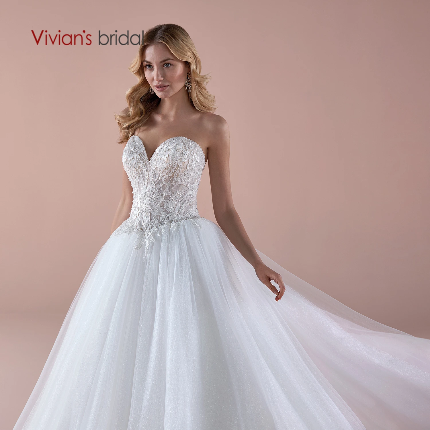Vivian's Bridal сексуальное свадебное платье из органзы Элегантный блесток Кружева Аппликации пушистый Кристалл Пряжа корт Свадебное платье с длинным подолом
