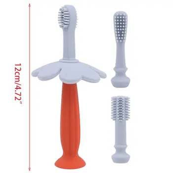 

Infant Baby Silicone Toothbrush Set with 3 Soft Replacement Head Cartoon Flower Sucker Handle Milk Tooth Brush 0-1 Years