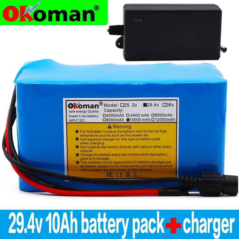 Okoman 29,4 V 10Ah 18650 литиевая батарея 10000mAh Электрический велосипед легкий литийный электровелосипед-ионный аккумулятор+ зарядное устройство