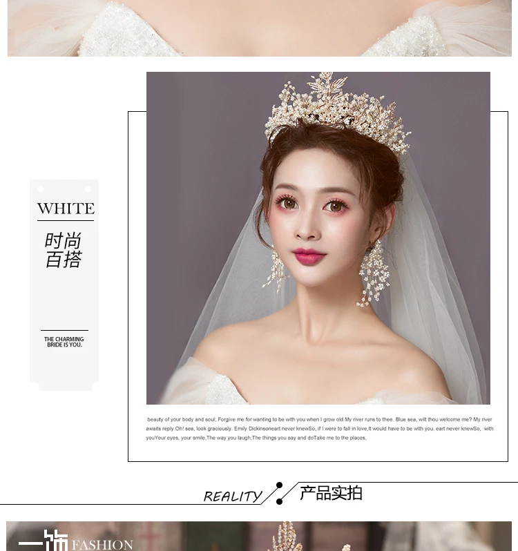 New Handmade Pearl Rhinestone Princess Crown Earrings Set for Bride Leaf Crowns Tiaras Wedding Queen Diadem Headbands Headdress
