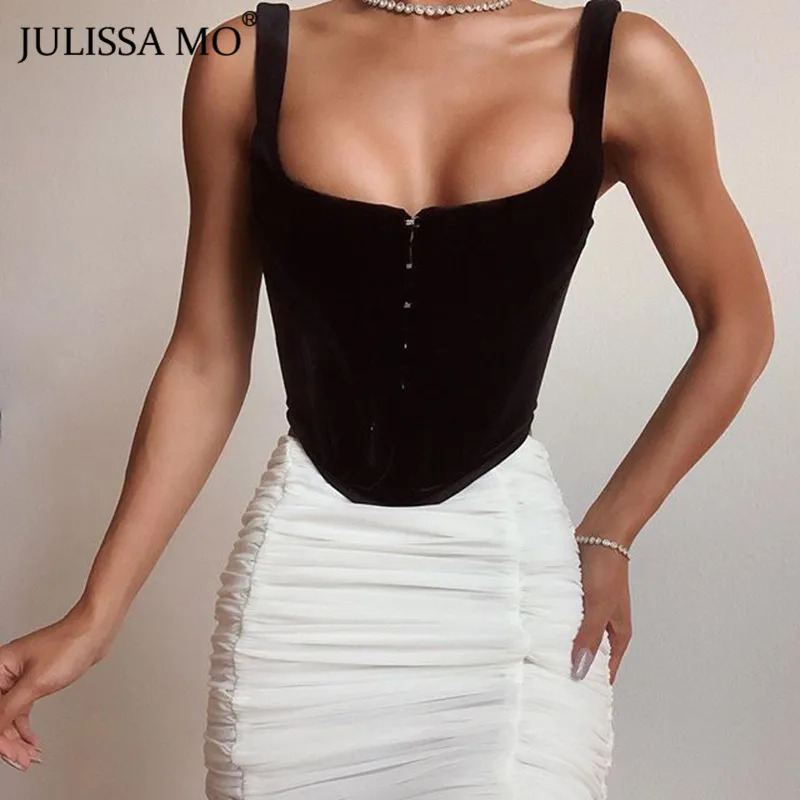Julissa mo черный фланелевый сексуальный укороченный топ с открытой спиной для женщин без бретелек неровные безрукавки Женские винтажные корсетные футболки для рождественской вечеринки