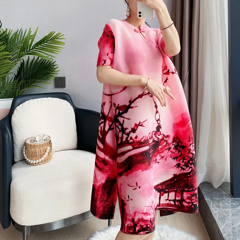 

Vintage Dress Fashion Chinese Style Women's Clothing Summer Short Sleeved A-Line Elastic Printed Loose Dress Over The Knees