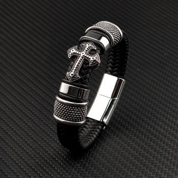 Punk MingAo Charm Stainless Steel Cross Leather Bracelet Man Charm 12*6 Black Woven Custom Name Bracelet Magnet Clasp Brown Gift
