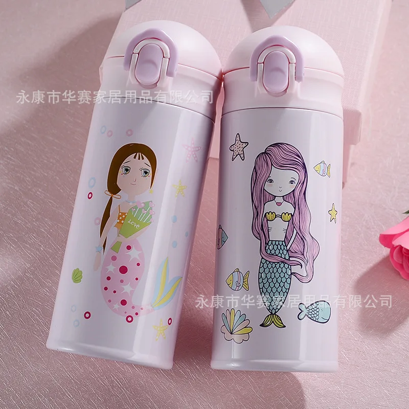 

Korean-style Pink Mermaid Cartoon Insulated Stainless Steel Bottle Cute Cup Baby Handle Portable Rope Portable Water Cup