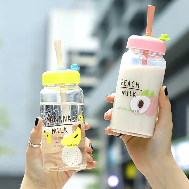 

Silicone Glass Bottles Water Friendly Bottle Cute Creative With Straw Leakproof Student Drinking Cup Girl Transparent Water Cups