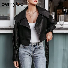 BerryGo Женская куртка из искусственной кожи, пальто с v-образным вырезом и галстуком-бабочкой, мотоциклетная Женская верхняя одежда, Бандажное пальто, высокая уличная Женская Черная Куртка