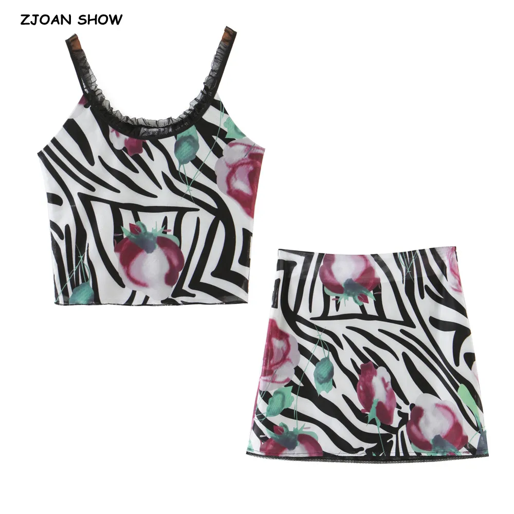 2022 Chic Crop Top Striped Floral Print Mesh Camis Tank Sexy Women High Waist Package Hips Mini Short Skirt Set 2pcs 1 |