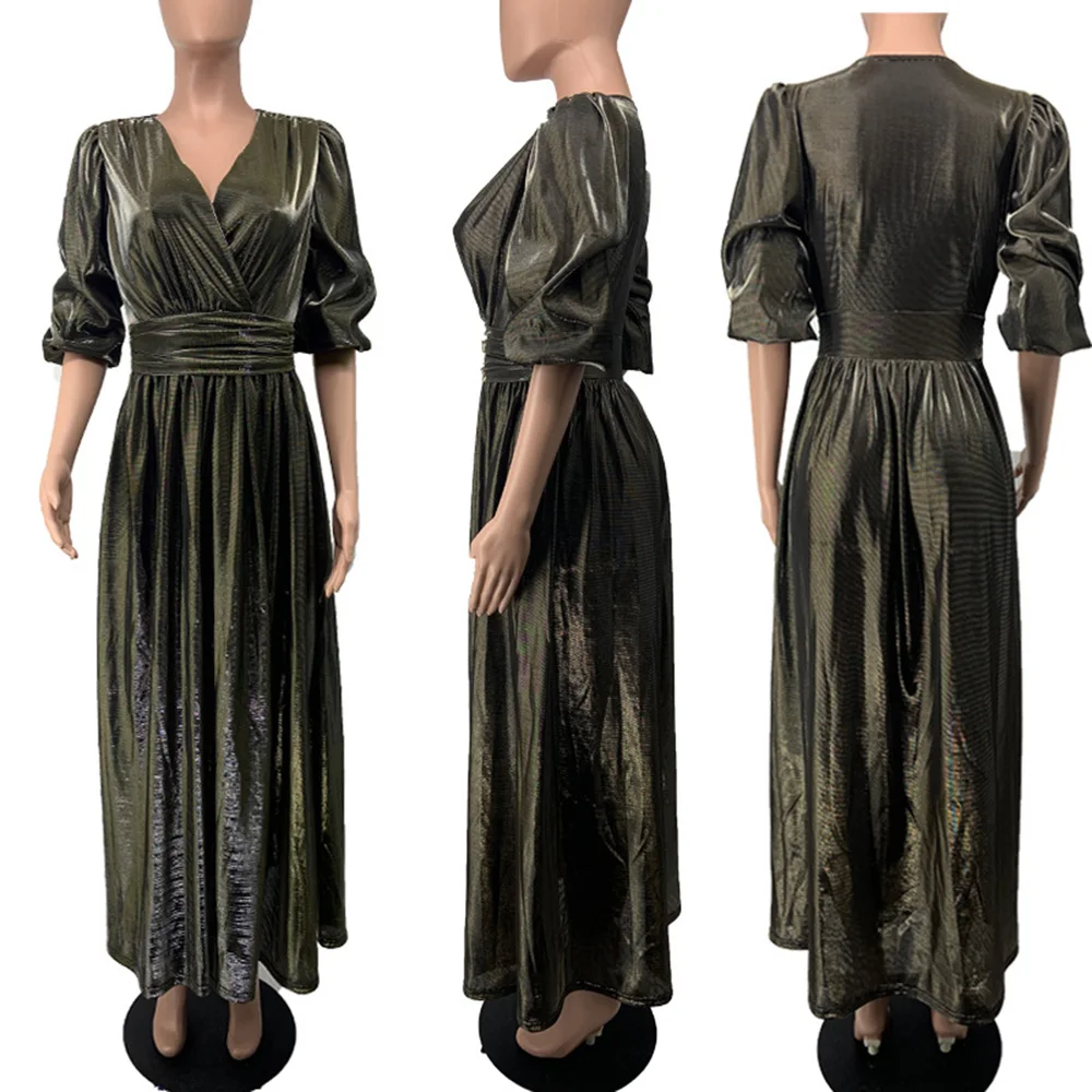 M~ 5XL Золотое женское вечернее платье с v-образным вырезом и рукавами-фонариками, Клубное платье с высокой талией, Vestidos размера плюс, длинное женское Платье макси с разрезом, Новинка