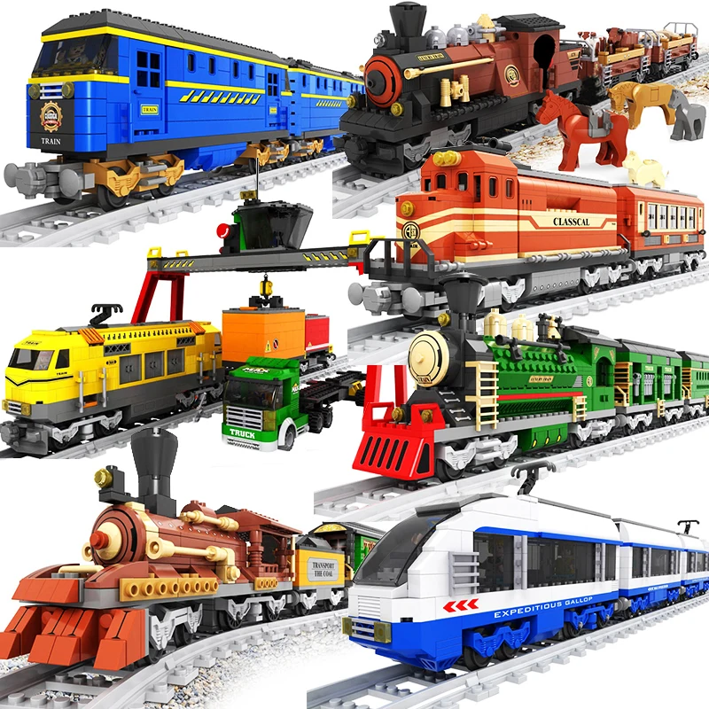 

City Train Compatible Legoed Rails Tracks Cargo Passengers Freight Train Station Locomotive Sets Model Building Blocks Kids Toys