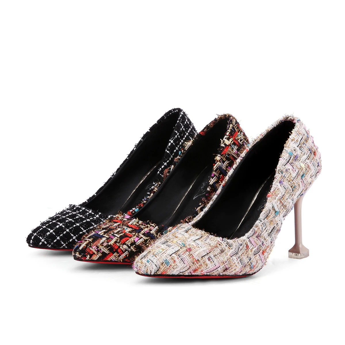 Women Dress Shoes Tweed Pumps Supper High Heels Ladies Shoes Ol Office Lady Shoes Plaid Wool Basic Pumps zapatos mujer N7798