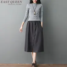 Женская юбка, летняя, одноцветная, на пуговицах, юбка миди, элегантная, китайский стиль, эластичная талия, льняная, Литературная, винтажная, юбки AA4848