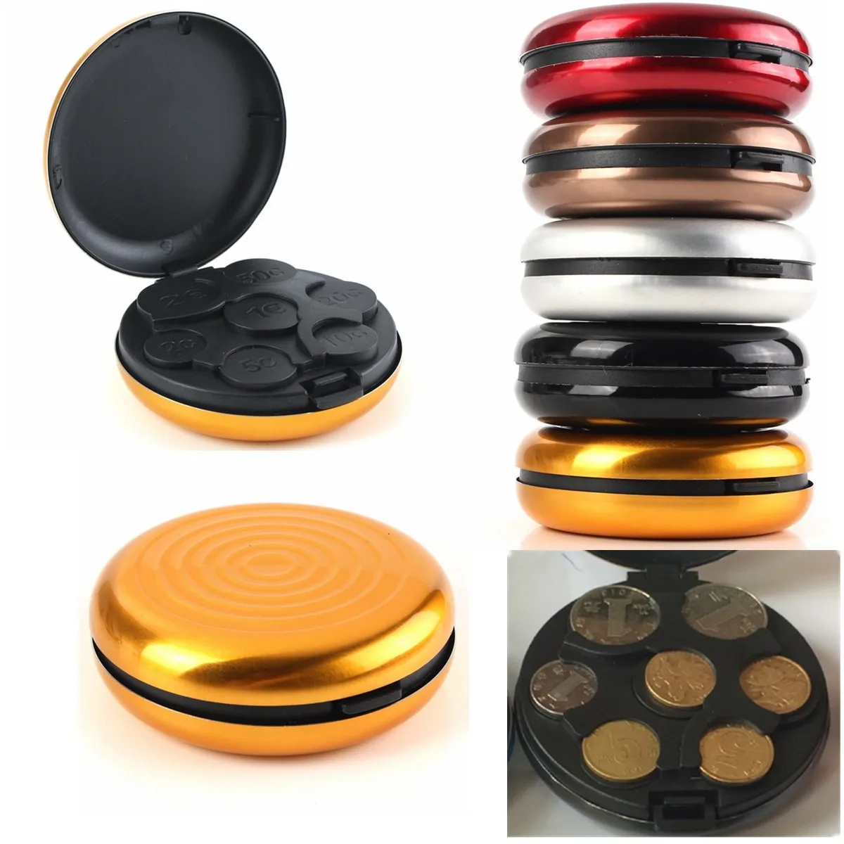 

Purse Wallet Hold Coins Container Collection Round Shape Aluminium Euro Dollar Coin Storage Case Box Dispenser Holder