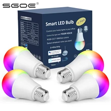 SGOE E27 Tuya умная лампа, светодиодный светильник, светильник с регулируемой яркостью RGB, Wi-Fi, голосовое управление, светильник для спальни с Alexa и Google Assistant