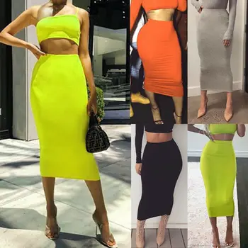 

New Stretch Pencil Skirt Women's High Waist Below Knee Midi Fitted Work Office