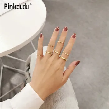 

Pinkdudu 2020 New Minimalist Punk 7pcs/ set Vintage Gold Metal Rings Round Geometric Smooth Finger Ring for Female Jewelry PD020