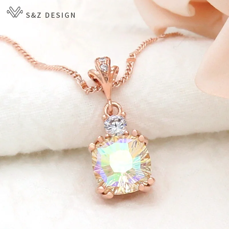 S&Z DESIGN New Fashion Elegant Luxury Colorful Square Crystal Pendant Necklace For Women 585 Rose Gold Color Jewelry