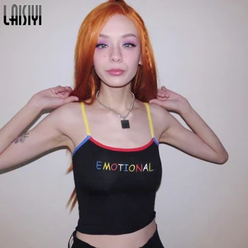 

LAISIYI New Spaghetti Strap Vest Women Letter Printed Spliced Camis Autumn Basic Top Embroidery Crop Top Streetwear ASVE20849