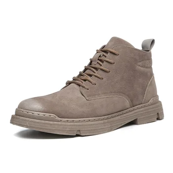 

2019 New High heel men boots Pu Breathable Shoes male Round head Solid Color Lace up fashion Men's winter boots Size 39-44