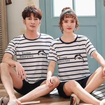 

Summer Korean-style Short Sleeve Couples Pajamas Women's Large Size Men Home wear Set Casual Printed and Stripe Cotton Wear