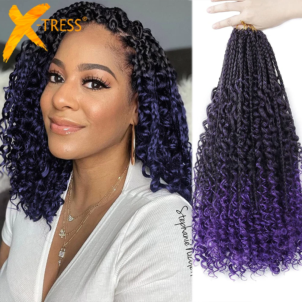 

Ombre Purple Goddess Box Braid 3X Crochet Hair With Curly End X-TRESS Bohemian Braiding Hair Pre Looped Low Temperature Fiber