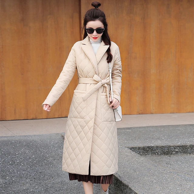 2021 new Woman Jacket Parkas Belted space cotton diamond plaid Coat down Women's over the Knee Winter Clothing Coat 4