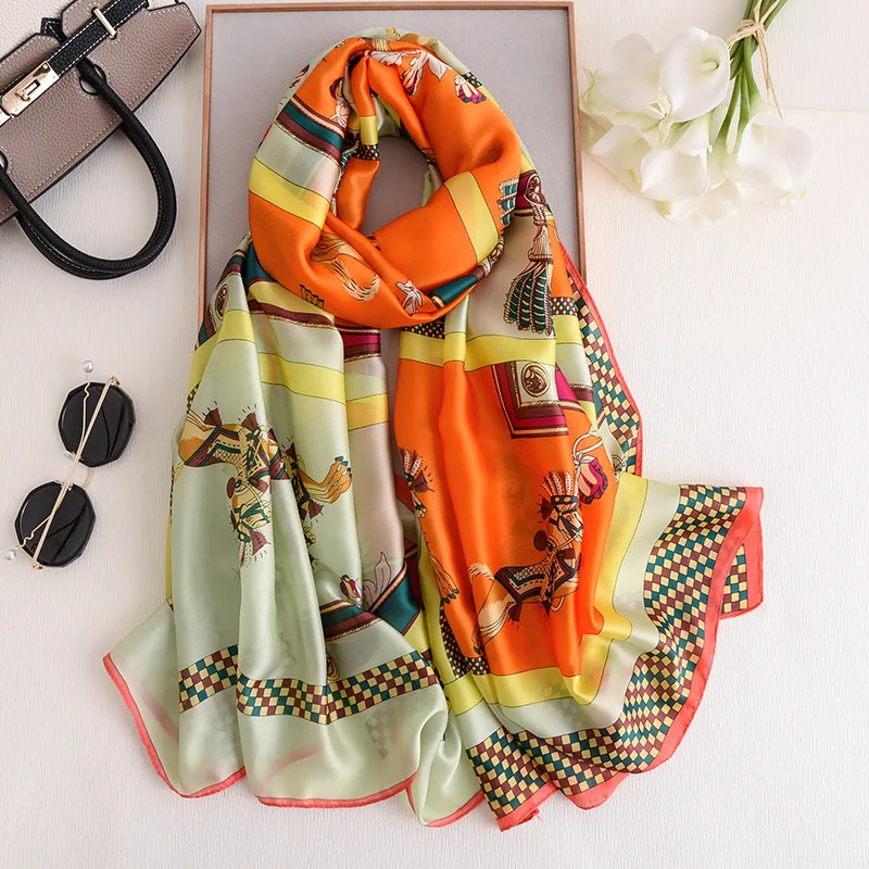 Luxury Female Silk Scarf Design Horse Print Brand Women Pashmina Shawls Wraps Beach Stole Foulard Winter Scarves Fashion