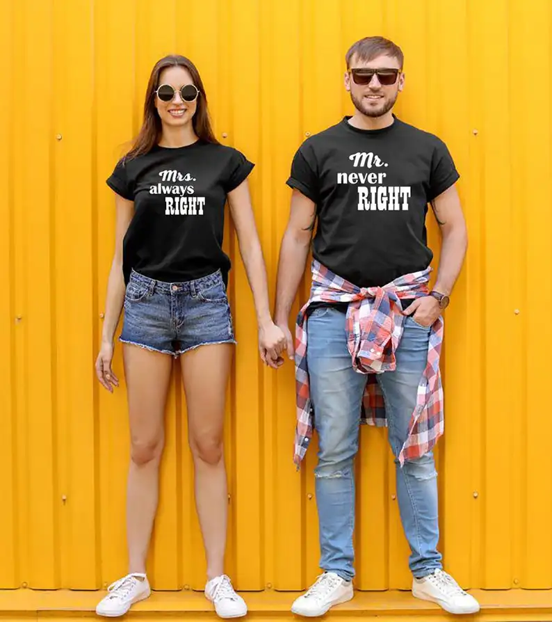 Mrs Always Right Mr Never комплект забавных футболок Подарок на годовщину футболки для пары