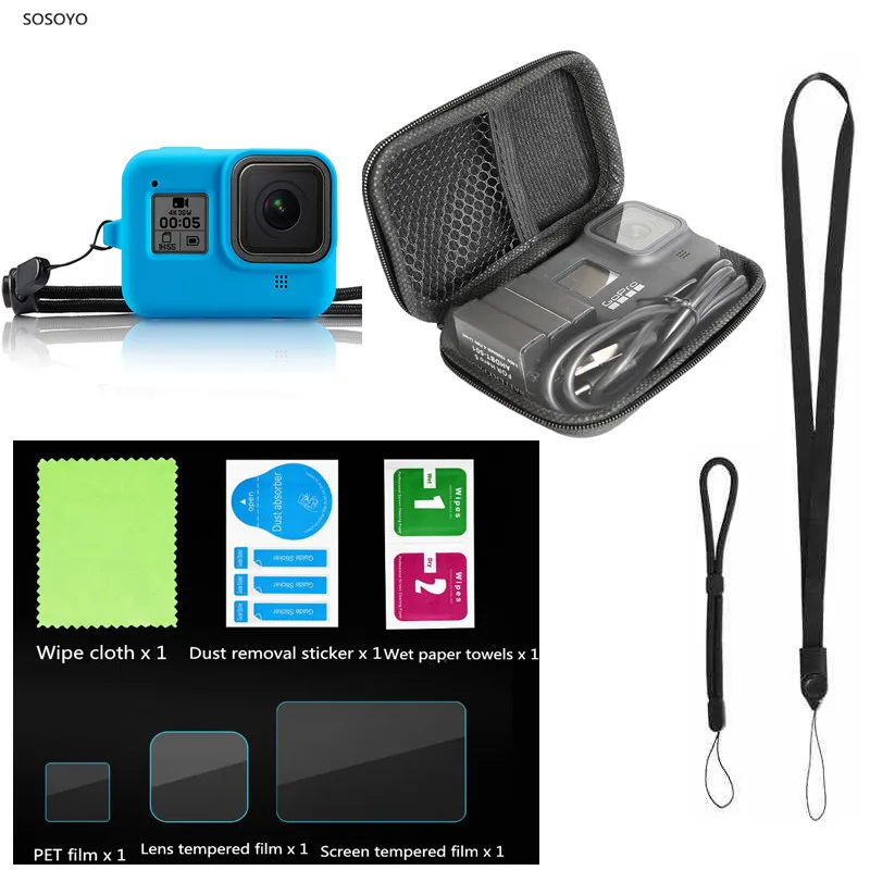 

10 в 1 Набор силиконовый чехол сумка для хранения Защитная пленка для экрана из закаленного стекла ремешок на запястье для экшн-Камеры GoPro Hero 8