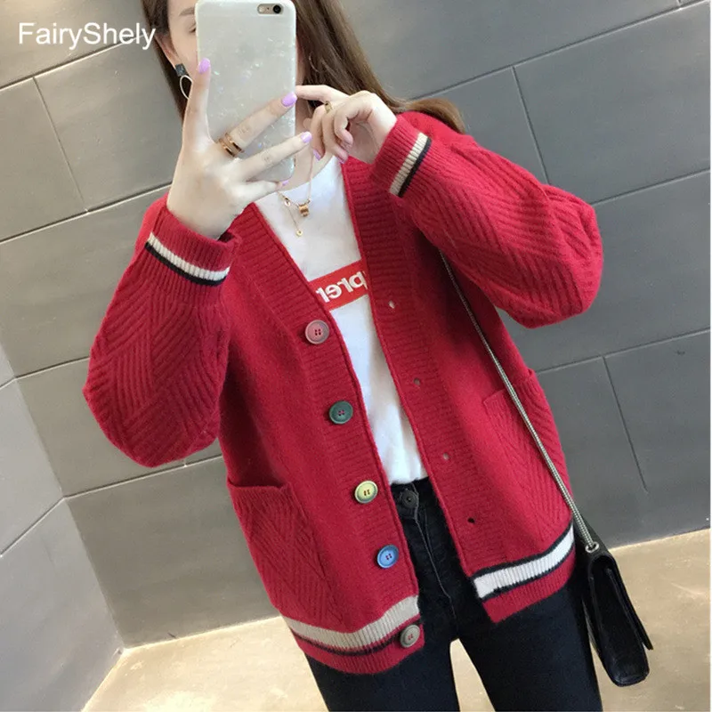 FairyShely Short sweater cardigan women Long sleeve streetwear ladies outwear jumper coat Casual female Girl winter sweater coat